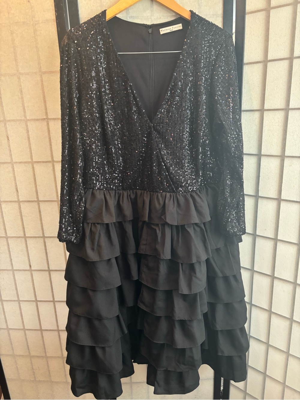 WAYWARD FANCIES Vintage Sequin V-Neck Ruffle Dress